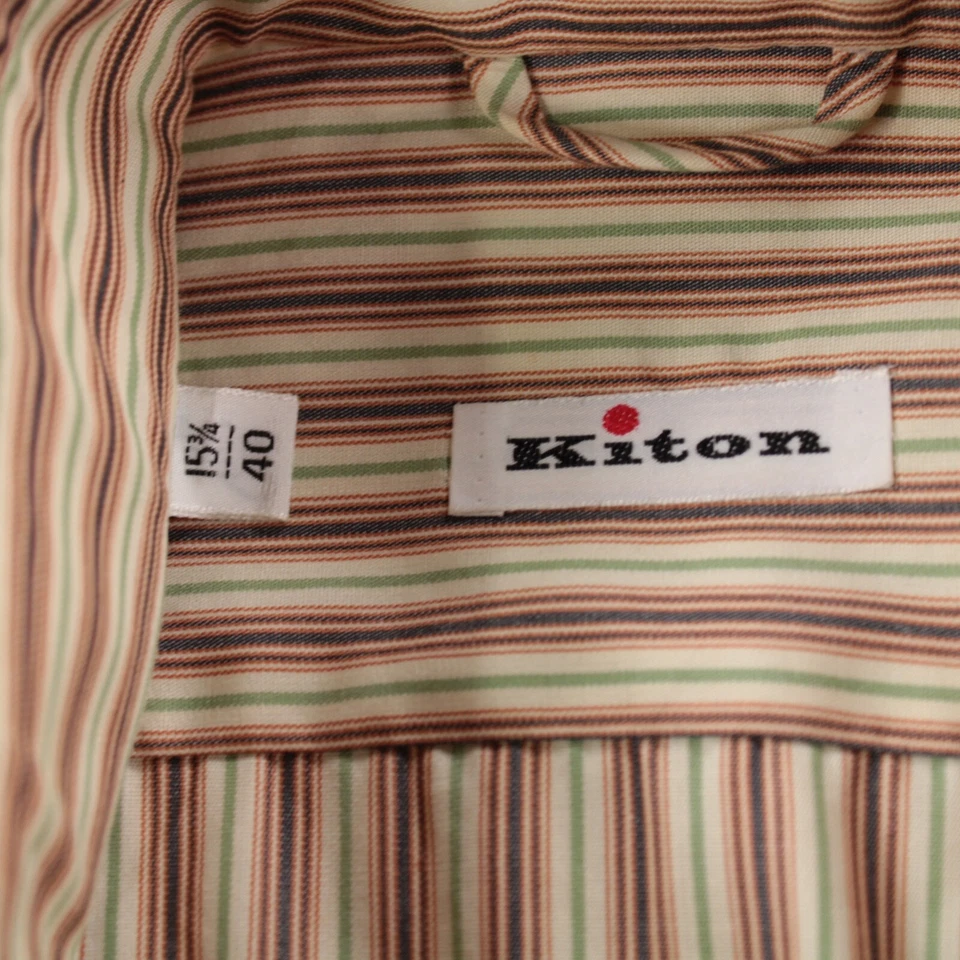 Camisa social Kiton nova com etiquetas tamanho 15,75 40 laranja creme e listrada verde 100% algodão - Imagem 2 de 4