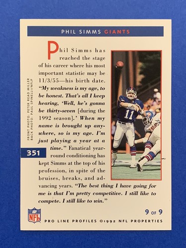 PHIL SIMMS SB MVP Signed 1992 Proline #351 Giants Morehead State Autograph Auto - Picture 2 of 3