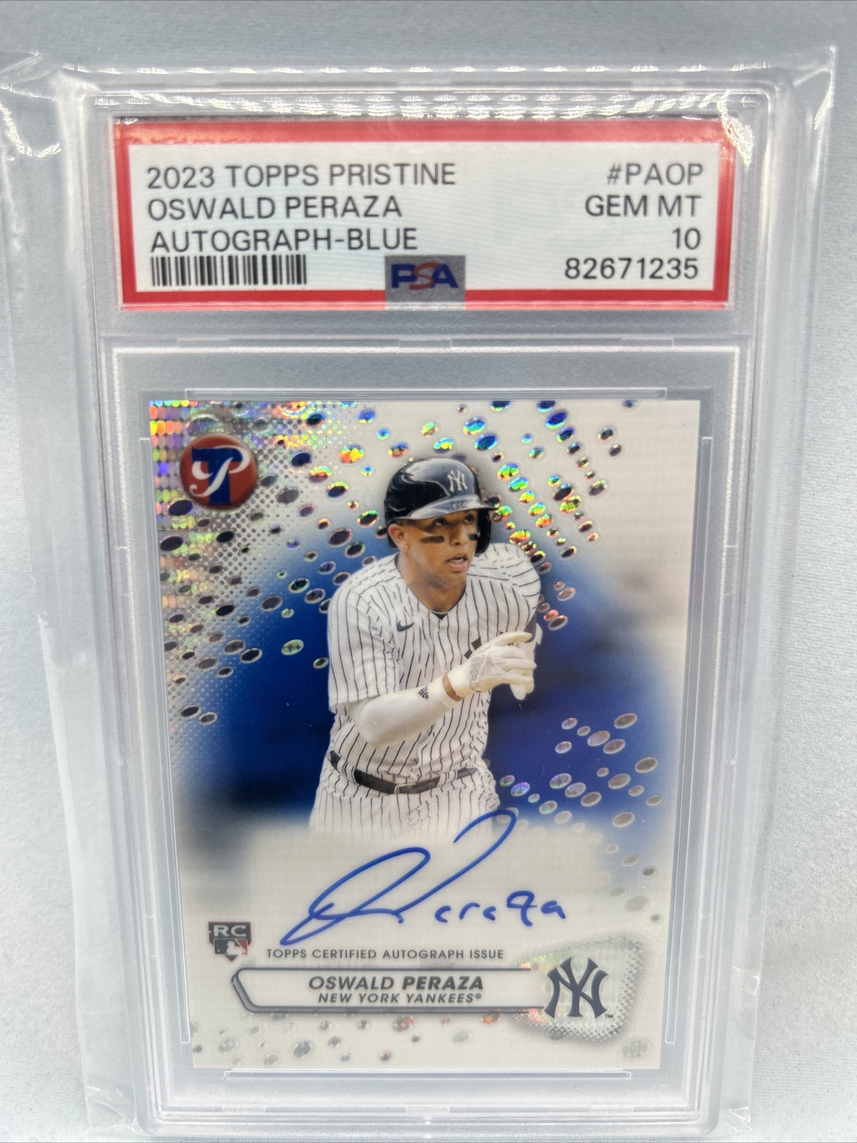 2023 Topps Pristine #PA-OP Oswald Peraza RC Auto Blue Refractor /75 PSA 10
