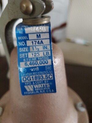 Watts Safety Relief Valve 1 1/2''  Model: M No: 174A Set @ 125lb.