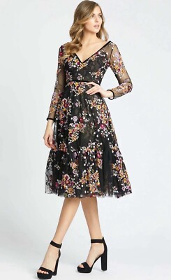 sequin floral tulle cocktail dress mac duggal Mag Duggal Sequin Floral Appliqu Midi Dress