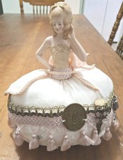 Antique reproduction Half Doll Porcelain Sewing Pin Cushion +SINGER sewing medal