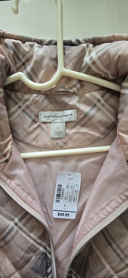 Christopher & Banks Nuevo Con Etiquetas Chaleco Acolchado Puffer Rosa Gris A Cuadros Cremallera Completa L Foto 3 de 3