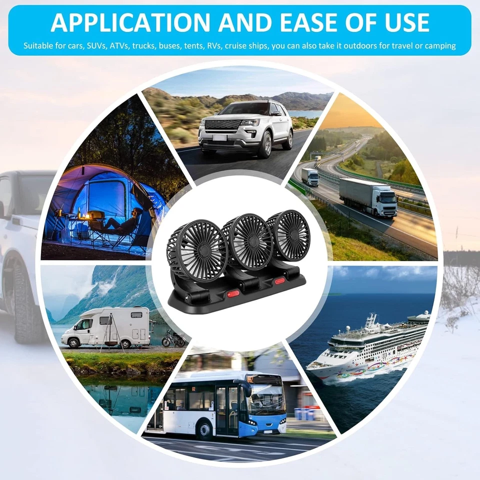 3 Head Car Fan 360° Rotate 2 Speed USB/12V/24V Quiet Cooling Fan for SUV RV - Image 3 of 4