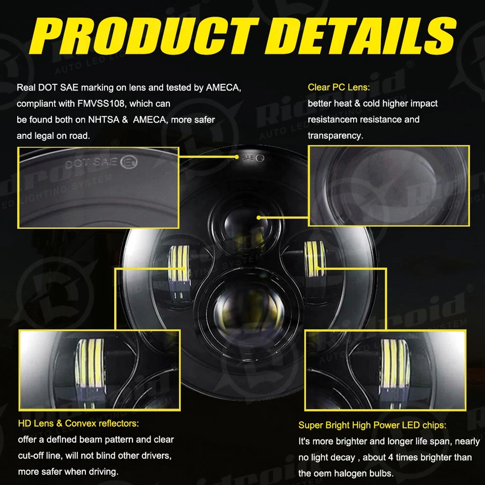 Faros LED redondos de 7" pulgadas con haz sellado Hi-Lo 2 piezas para Dodge Dart 1964-1976 DOT Foto 4 de 4