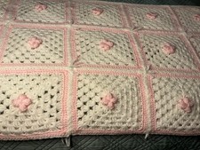    Hand-Crochet Pink  White 35  X 42  Baby Blanket Afghan   