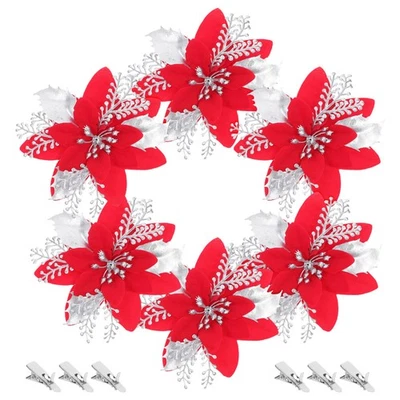 6 Pcs Fleurs De Noel Artificielle Ornements Paillettes Arbre Noël - Photo 1/4