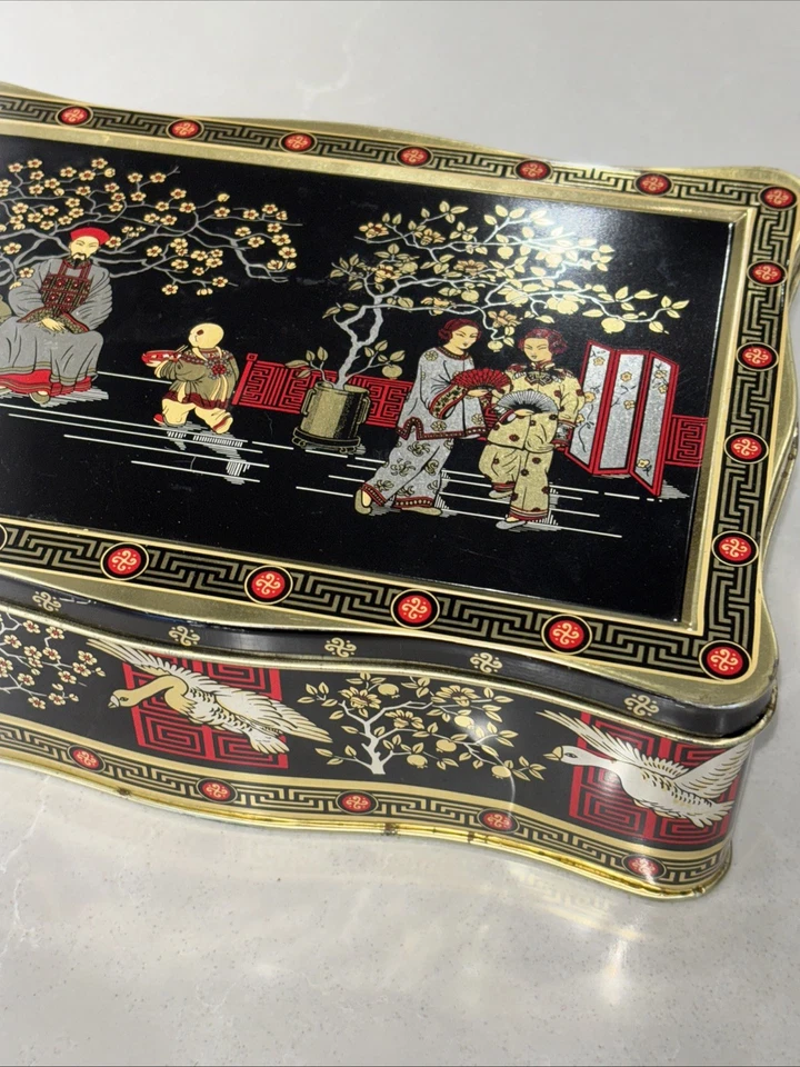Vintage Collectible Litho Art Deco Storage Tin Tea Box Geisha Florals Cranes - Image 4 of 4