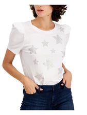 INC Womens White Embellished Pouf Crew Neck T-Shirt XS