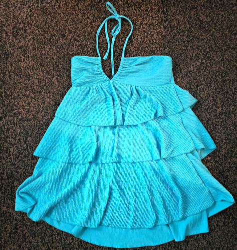 Women’s Blue Halter Neck Sleeveless Layered Ruffle Tie Short Sundress