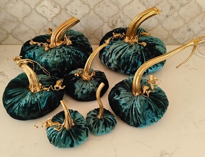 Handmade Crushed VELVET Teal Green Blue Stuffed Pumpkin REAL STEMS Painted Gold