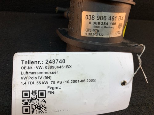 243740 Luftmassenmesser VW Polo IV (9N, 9A) 038906461BX 1.4 TDI
