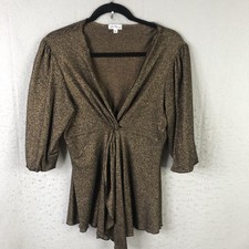 Y2K Top Womens XL Gold Metallic Tunic V Neck Babydoll Rave Going Out Sparkle