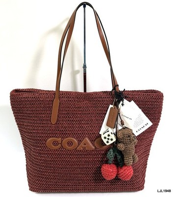 Coach Large Straw City Tote Bag with Charms Russet CES20 NWT