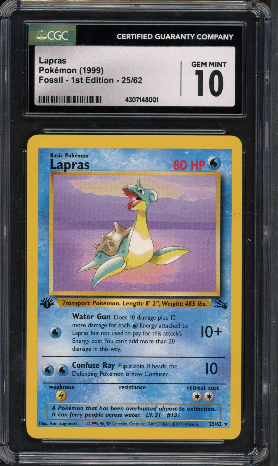 Pokemon CGC 10 Gem Mint 1st Ed. Fossil Rare Lapras 25/62