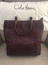 COLE HAAN RICH CHOCOLATE BROWN WOVEM LEATHER TOTE NEW/NEVER WORN W/DUST COVER