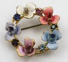 Vintage Austria multi color crystal & enamel circle gold tone flower brooch pin