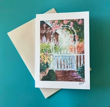 Grandma's Garden Gate, Blank Greeting Card w/envelopes,  Notecards, Original Art