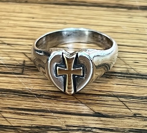 Retired James Avery 14K Yellow Gold Cross & Sterling Silver 925 Heart Ring Sz 8 - Picture 6 of 10