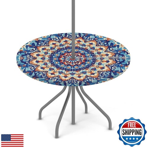 OSAM SPACE Outdoor Tablecloth with Umbrella Hole, Round Elastic Fitted Table