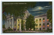 Postcard Florida State Capitol Night View Tallahassee Linen UNP