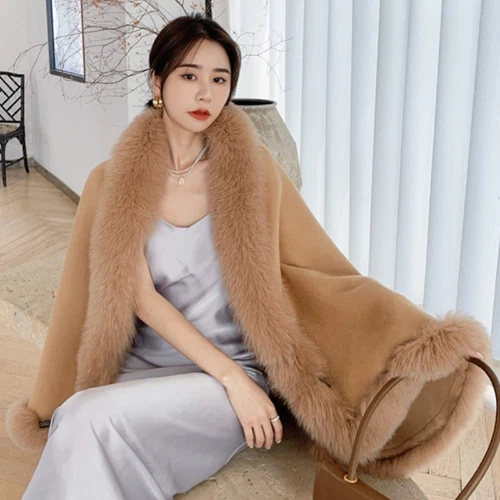 OFF WHITE Scialle mantello invernale lungo donna misto lana double face tweed pelliccia collo