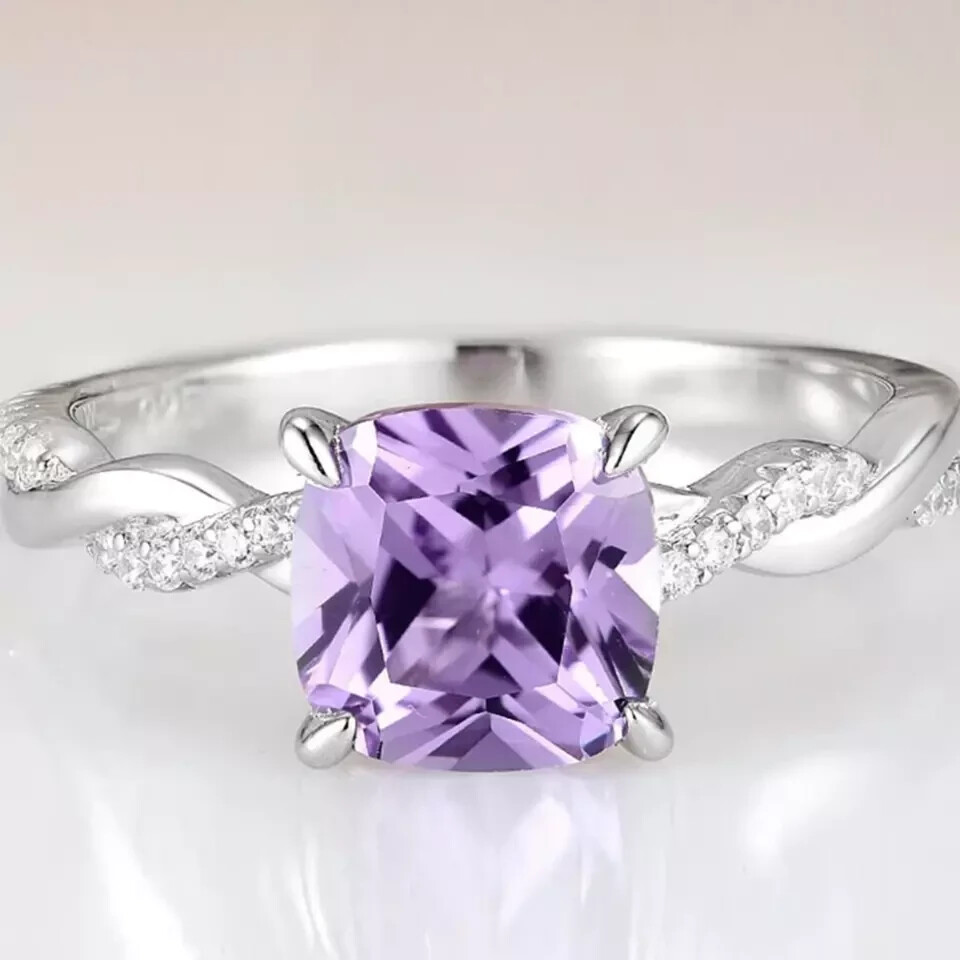 Engagement Ring 2.35 Ct Diamond Natural Cushion Cut Amethyst 925 Sterling Silver-image