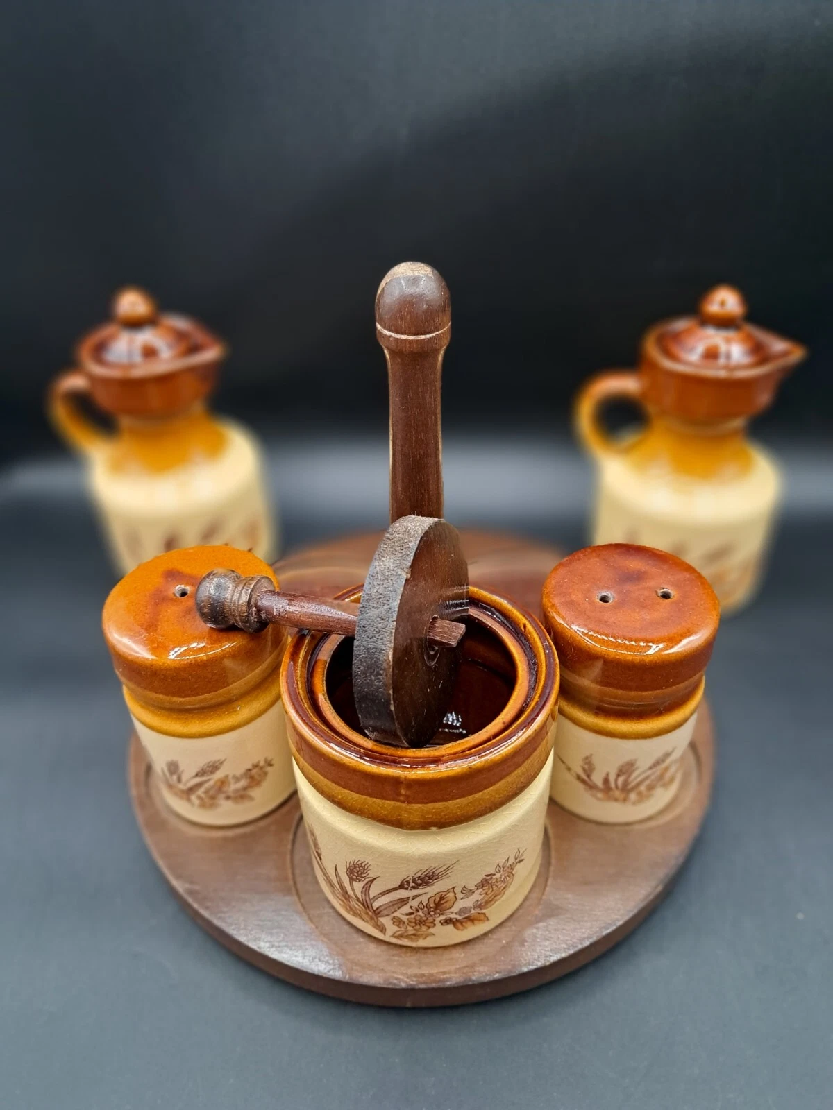 Vintage Wood Stand Ceramic Salt & Pepper Shakers Oil & Vinegar & Mustard.