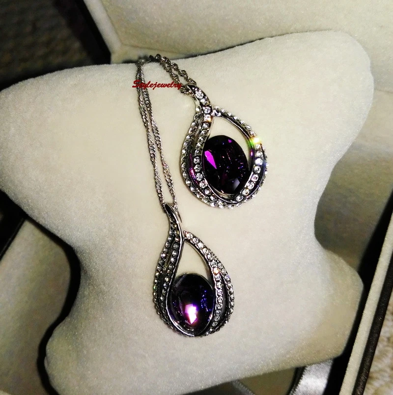Silver Amethyst Purple Teardrop Wedding Necklace Made With Swarovski Crystal N10 Foto 4 de 4