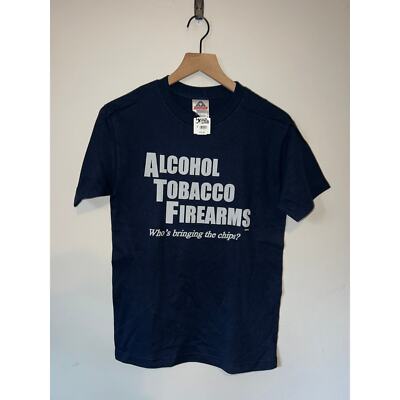 Y2K ATF Alcohol Tobacco Firearms Blue Graphic Humor Joke Shirt S Small