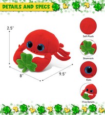 DolliBu Big Eyed Red Crab Stuffed Animal with Green Plush Shamrock - 9.5 Inches