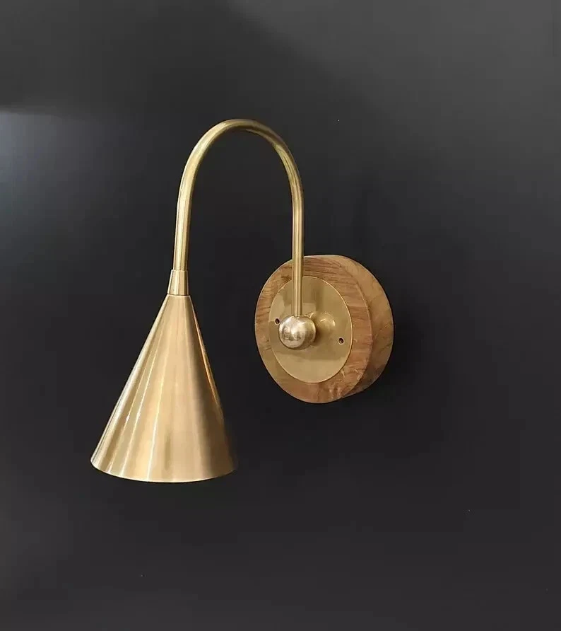 Handmade Pair of Raw brass wooden base Italian wall sconce Mid century Light - Image 2 of 4