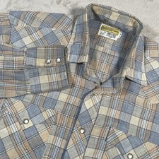 VTG 70s H Bar C Gold Label Ranchwear Western Plaid Shirt Pearl Snap 16-33 Flaw