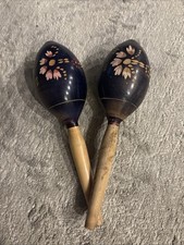 Wooden Maracas Vintage Hand Painted 12in From Mexico G24