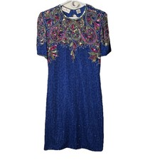 Vintage Lawrence Kazar Silk Blue Multi Bead Evening Dress 100 silk SZ M