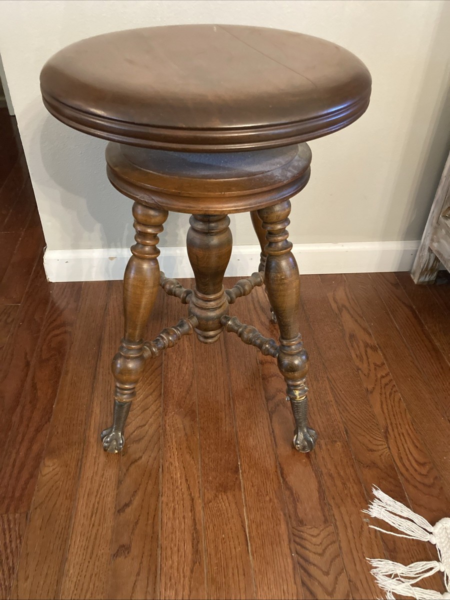 Great Oak Antique Victorian Wooden Piano Stool With Glass Ball