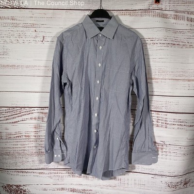Neiman Marcus Blue White Geometric Pattern Long Sleeve Dress Shirt 15.5 34/35