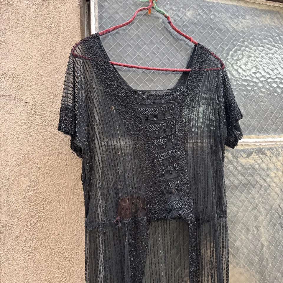 Antique 1920s Black Net Heavily Beaded Dress Train Short in Front Floral Vintage - Image 3 of 4