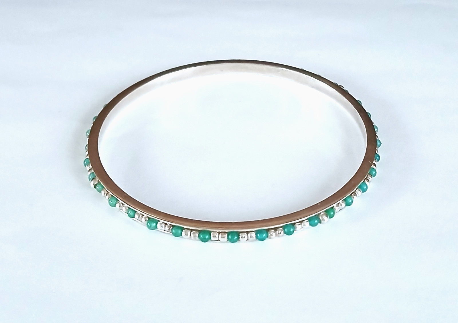 Sterling Silver 925 Emerald Beads Bangle Bracelet - image 2