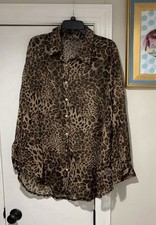 Leopard Print Shirt Womens Medium Brown Sheer Button Front Long Sleeve Blouse