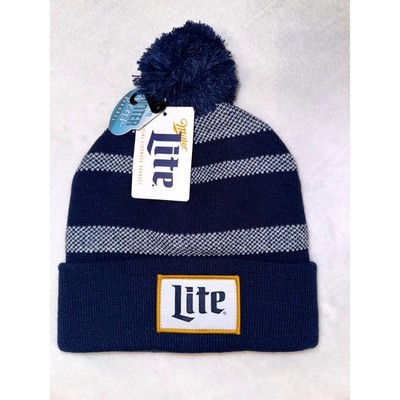 Miller Lite Beer Beanie Navy Blue White Striped Pom Pom Knit Hat Pugs USA NWT