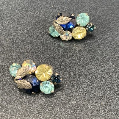 Vintage Coro Signed Clip On Earrings Multi Color Rhinestone Grape Clusters 