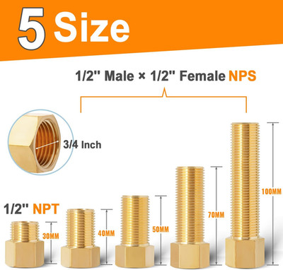 5-Pack 1/2 Brass Extension Adapter Set 1/2'' Male Female Nipple Pipe Fittings Hex