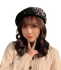 Women Girl Beaded Pearl Rhinestone Wool French Beret Hat Winter Beanie