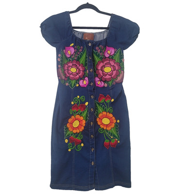 Embroidered Denim Dress Bodycon Mini Stretch Size S Concert Festival Mexico