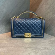 Chanel Boy Blue Lambskin Quilted Bag Gold Chain‑Trim Top Handle Crossbody Strap