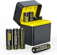 All-In-One 8-Pack Lithium AA Batteries & Charger Box Kit, 3000Mwh Batteries with