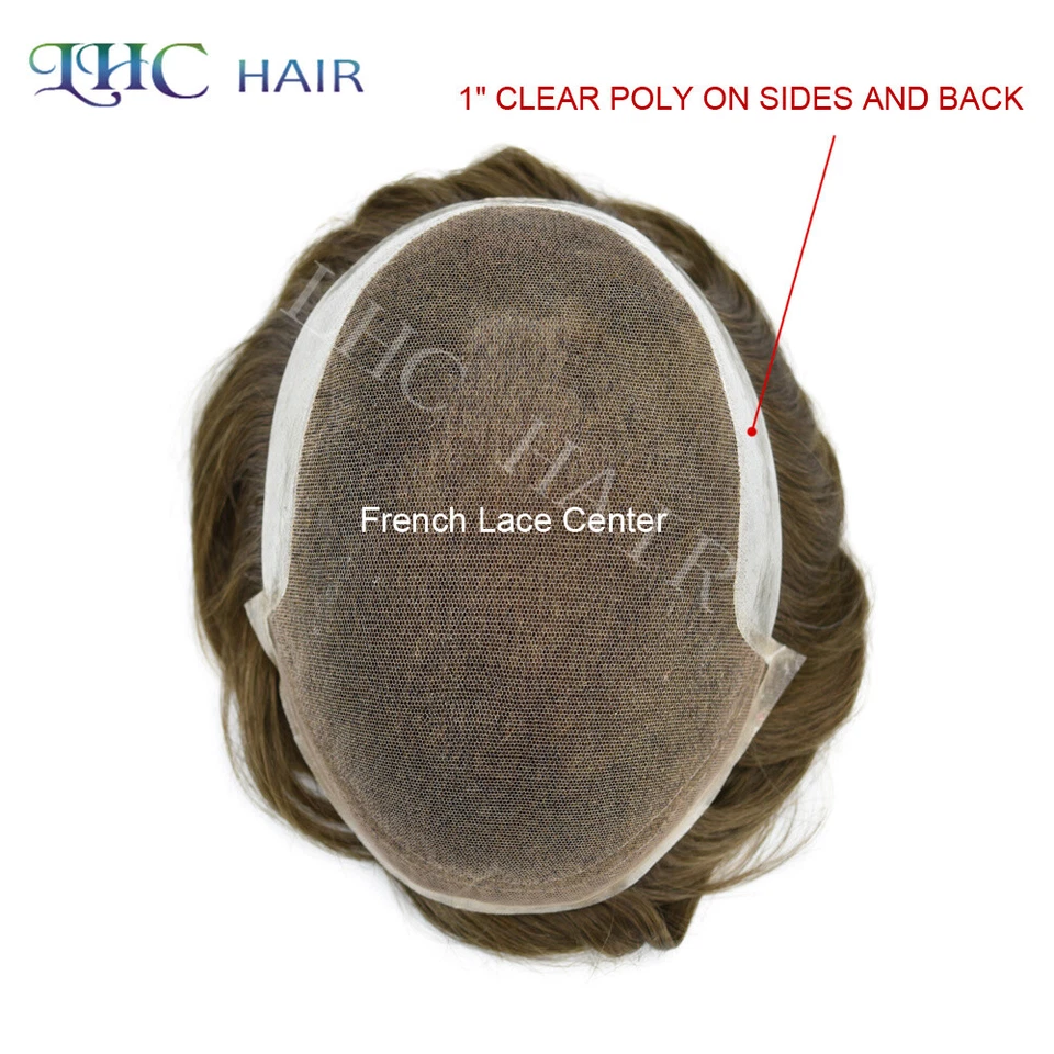 Pelucas de sistema de reemplazo de cabello humano PU con encaje francés de cabello lírico con frente de encaje francés Foto 4 de 4