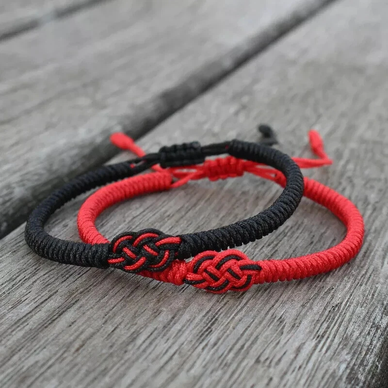Pulsera trenzada de cuerda roja negra 2 piezas con nudos de amante para pareja suerte fortuna Foto 2 de 4