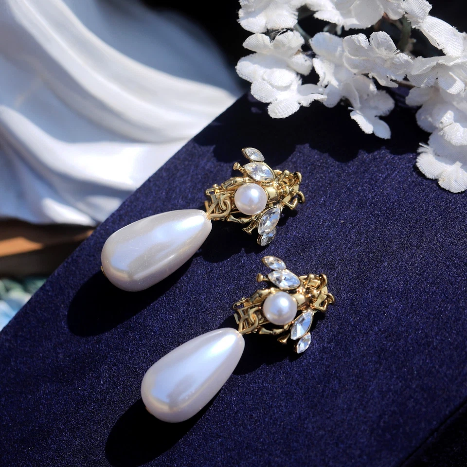 Boucles d'oreilles Clip on Doré Insect Abeille Fausse Perle Goutte Blanc QD1 - Photo 3/4